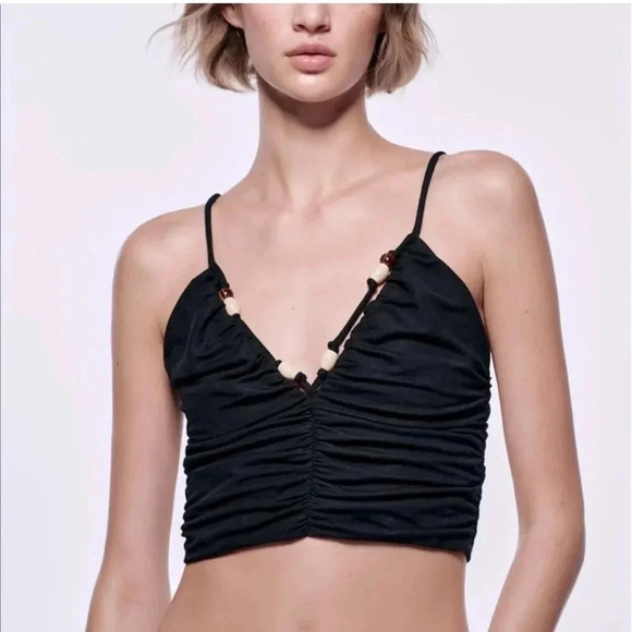 NWT Zara• Black beaded Crop Top Size Large - Picture 2 of 11